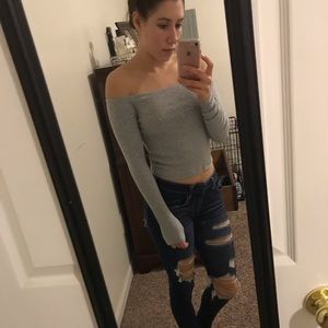 gray off shoulder top from h&m